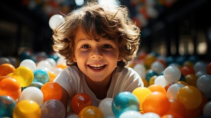 Fototapeta na wymiar A boy plays with colorful plastic balls in a children's playground center in party fun time