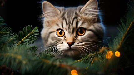Obraz premium Cute little plush kitten sits under a green Christmas fir tree with Christmas lights. New Year animals card