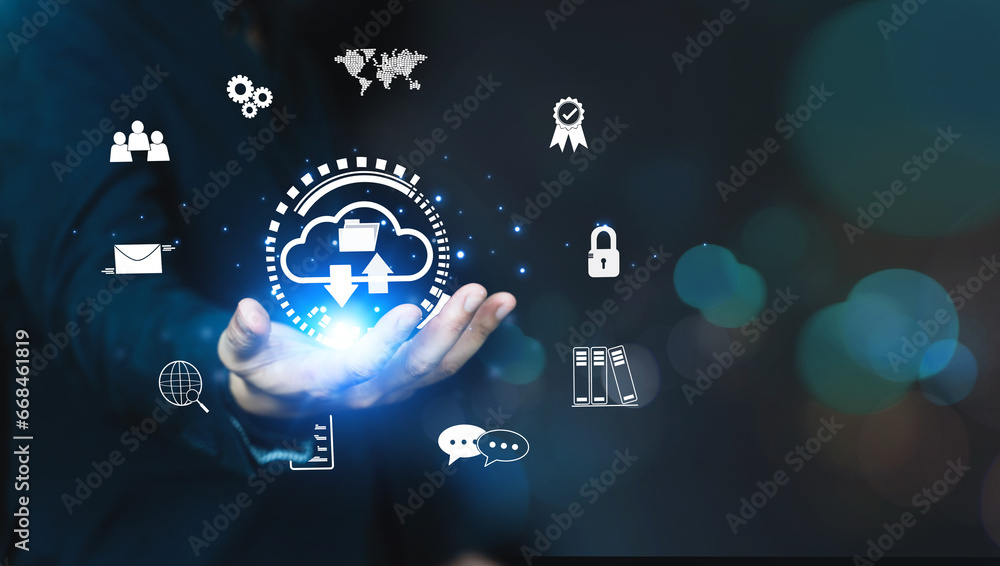 Poster concept of global data business, business man use smartphone for connect data online, technology bus