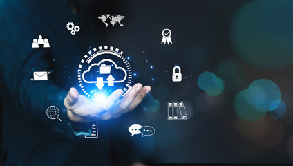 Concept of global data business, Business man use smartphone for connect data online, technology business and data base online. Data base on cloud drive.