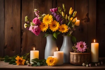 Obraz na płótnie Canvas a still image. A wooden background with springtime flowers and candles in a vase, as well as the idea of interior elements, make this homey and lovely
