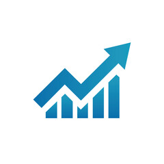 blue arrow growing pointing up on economic chart graph bars icon trending upwards financial board rises gradient blue - obrazy, fototapety, plakaty