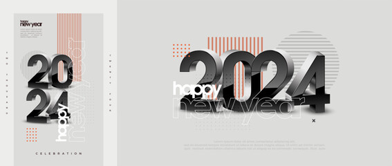 Happy new year poster design with black 3d 2024 numbers. Premium design for greetings, posters, banners and 2024 New Year party invitations.