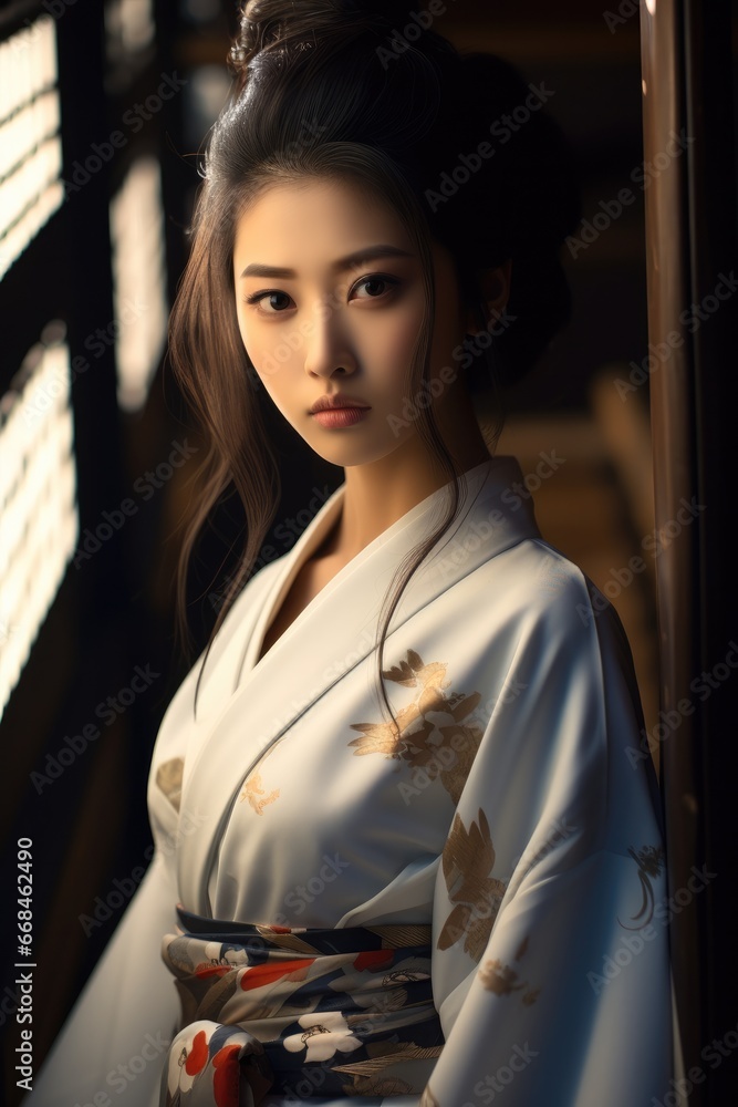 Canvas Prints Beautiful Japanese woman wearing a traditional Japanese kimono, A terrified look.