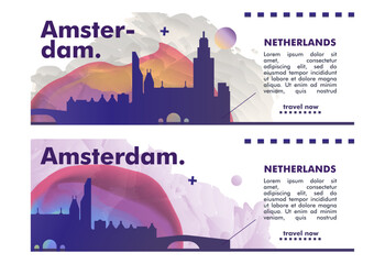 Netherlands Amsterdam city banner pack with abstract shapes of skyline, cityscape, landmark. Holland travel vector horizontal layout set for brochure, website, page, presentation, header, footer