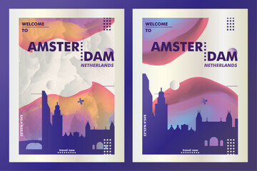 Amsterdam Netherlands city poster pack with abstract skyline, cityscape, landmark and attraction. Holland travel vector layout set for vertical brochure, website, flyer, presentation