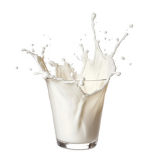 Glass of milk with splash isolated on a transparent background, Splash of milk in the glass, milk splash, pouring milk, Generative AI