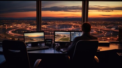 Man working as air traffic controller in airport control tower, Air traffic controllers. - obrazy, fototapety, plakaty