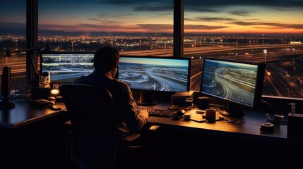 Man working as air traffic controller in airport control tower, Air traffic controllers.
