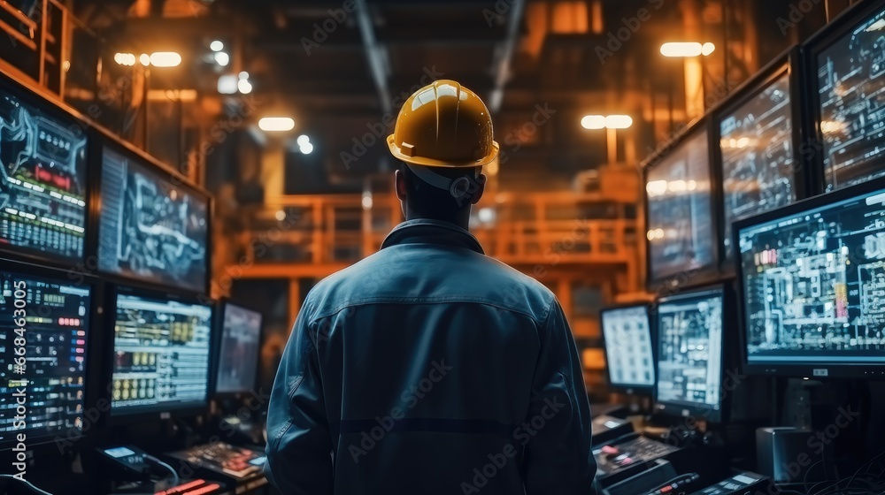 Aufkleber Engineer checking on big screen monitor computer for control machine in factory.