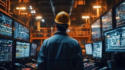 Engineer checking on big screen monitor computer for control machine in factory.
