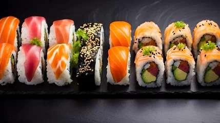 Foto op Aluminium japanese sushi food. Maki ands rolls with tuna, salmon, shrimp, crab and avocado. Top view of assorted sushi. Rainbow sushi roll, uramaki, hosomaki and nigiri. © Lucky Ai