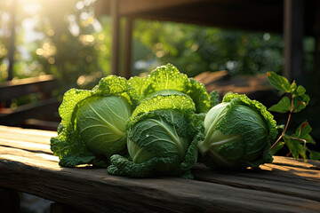 cabbage on the wooden table outdoor - obrazy, fototapety, plakaty
