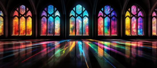 Contemporary stained glass casting colorful hues onto church interiors - 668463402