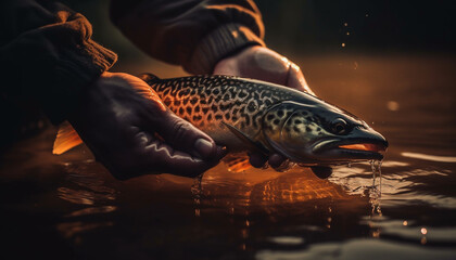 One man holding fresh trout caught while fly fishing in pond generated by AI - obrazy, fototapety, plakaty