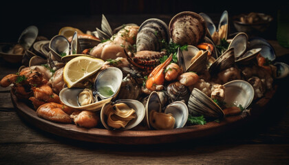 Fototapeta premium Fresh seafood appetizer plate with steamed scallop and garlic spice generated by AI