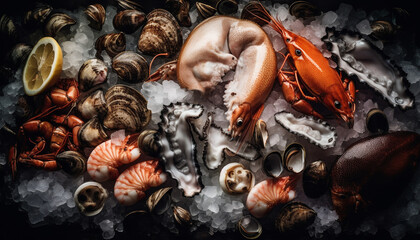 Fresh seafood collection on plate, a gourmet appetizer for lunch generated by AI - obrazy, fototapety, plakaty