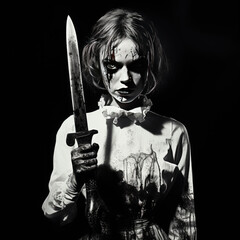 Portrait of a scary zombie woman with a knife on a black background