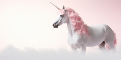 Obraz na płótnie Canvas Soft pink unicorn with fluffy tail and mane on white clouds and pink sky