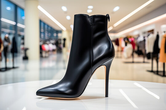 black leather high heel ankle boot displayed in a store