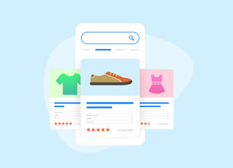 Shopping tab listings - search feature for finding and comparing online products, offering price, seller information, product results on top of search pages. Vector illustration on blue background - obrazy, fototapety, plakaty