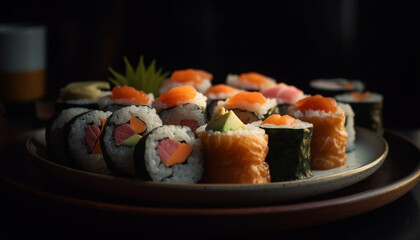 Fresh seafood meal on plate, close up of maki sushi roll generated by AI