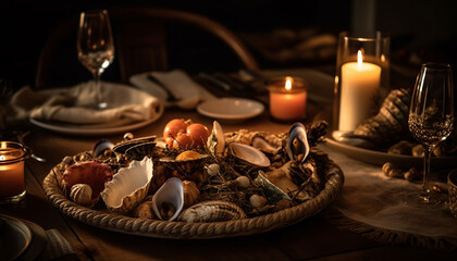 Luxury seafood meal on table with candlelight and wineglass decoration generated by AI