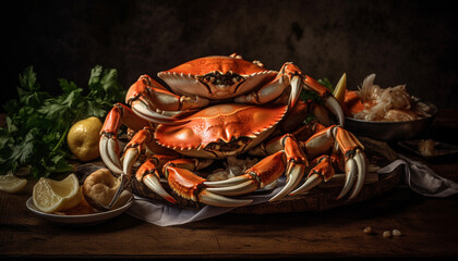 Fresh seafood meal on wooden table with crab and lobster generated by AI