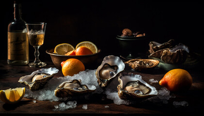 Fresh seafood and citrus fruit on a rustic wooden table generated by AI - obrazy, fototapety, plakaty