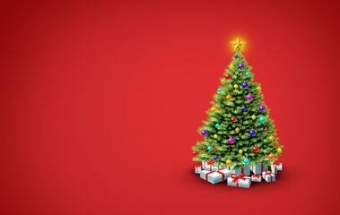 Green Christmas Tree On A red Background as a Happy New Year with decorations and boxes of gifts 
