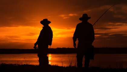 Silhouette of couple fishing at dusk, enjoying tranquil rural scene generated by AI