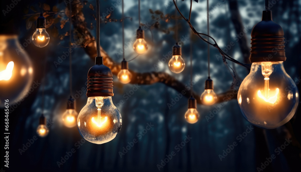 Aufkleber glowing light bulb on tree branches in garden.