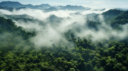 Aerial view of tropical forest covered in fog in the morning