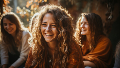 Obraz premium A group of young women sitting outdoors, smiling and laughing generated by AI