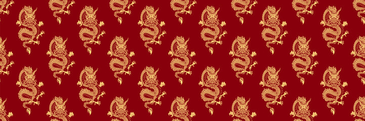 Happy chinese new year 2024 seamless pattern with dragon. Gold zodiac sign on red color background. Year of the dragon banner.