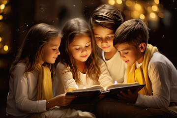 a group of kids sitting in the living room, reading a christmas book - obrazy, fototapety, plakaty
