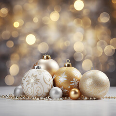 Elegant White and gold Christmas ball ornaments decorated with glitter and surrounded by winter decorations.