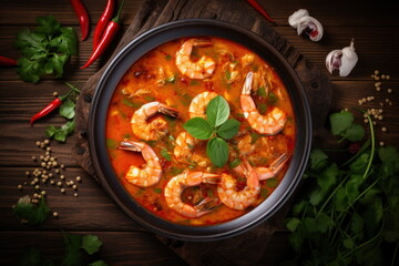 spicy prawn soup placed on a wooden table, Tom Yum Goong