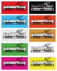 Diesel locomotives on colored fields. A poster in Pop art style