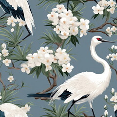Seamless Japanese Pattern style, crane (bird), bonsai tree with leaf and flower