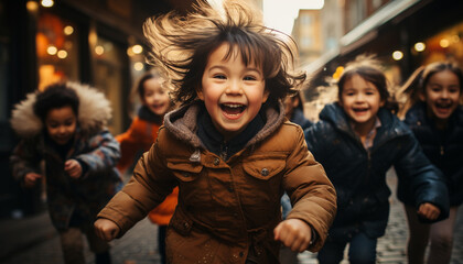 Smiling children playing outdoors, enjoying winter, creating childhood memories generated by AI