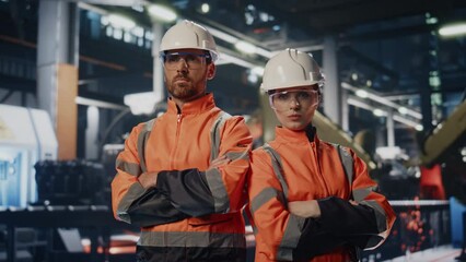 Two factory workers posing at heavy industry manufacture in uniform close up.