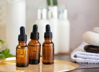 Bottles on the background of the spa room. Skin care serum or natural cosmetics with essential oil. Ai generated.