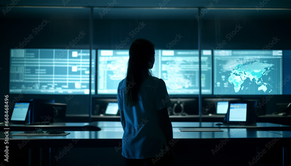 Sticker busy businesswoman typing e mails on modern computer in dark office generated by ai