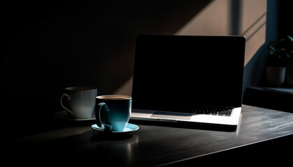 Modern office desk with laptop, coffee cup, and wireless technology generated by AI