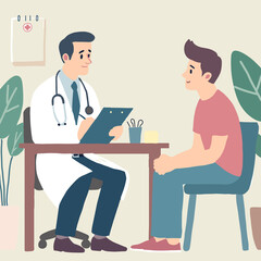Doctor with clipboard talks to man in red shirt. They sit in office with plants. Friendly medical consultation happening.