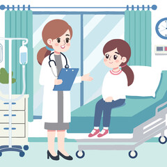 Young female doctor with clipboard talks to girl patient in hospital room. Bed, clock, window, IV stand present.