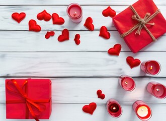 Wooden white background with red hearts, gifts and candles. The concept of Valentine Day. Ai generated.