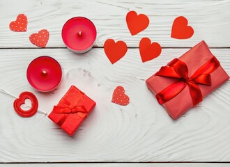 Wooden white background with red hearts, gifts and candles. The concept of Valentine Day. Ai generated.