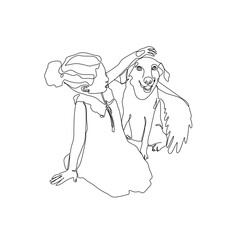 Cute girl and dog with angel wings, continuous line drawing, pet small tattoo, logo pet shop, print for clothes, silhouette one single line on white background, isolated vector illustration.